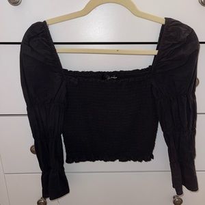 AQUA Black Smocked Cropped Puff Sleeve Top